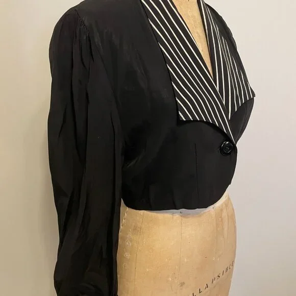 Vintage 1950 Black White Bolero Crop Top Vamp Rockabilly Sexy Short Blouse Small - Picture 2 of 14